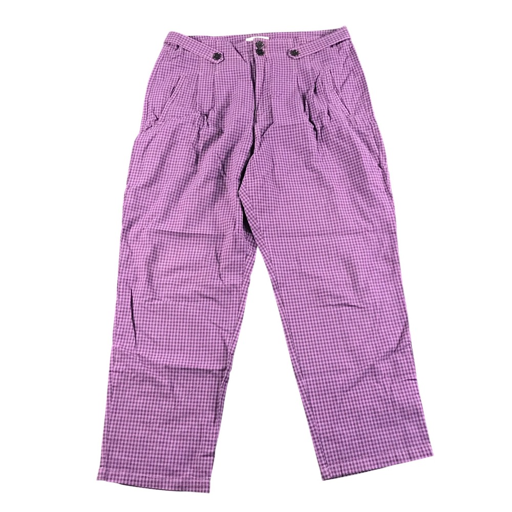 Sundance Purple Gingham Cotton Linen Pleated Trousers Pants Womens 14 High Rise